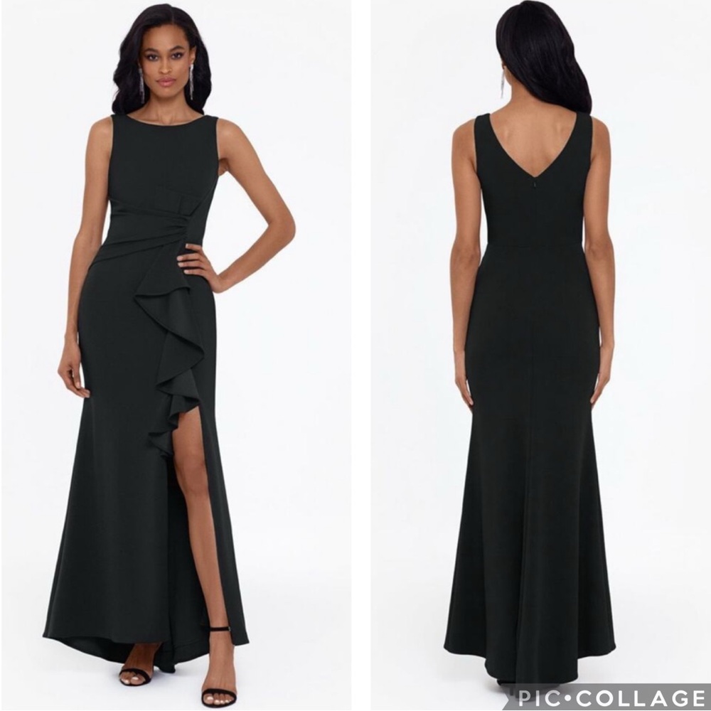 Betsy & Adam Christine Scuba Crepe Ruffle Bow Detail Gown Black‎ 14